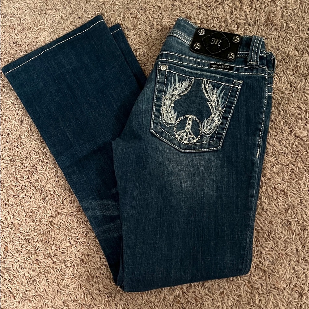 Miss Me Boot Cut Jeans with Peace Embroidery, 27